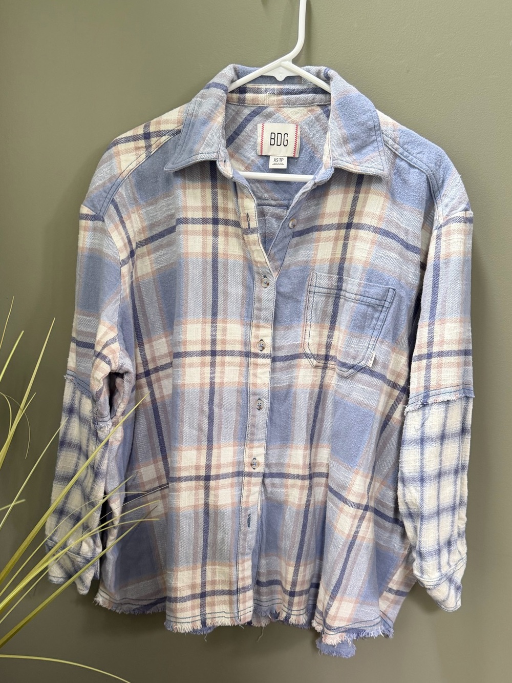 Women's BDG Blue and Cream Plaid Casual Button-Down Oversized Shirt